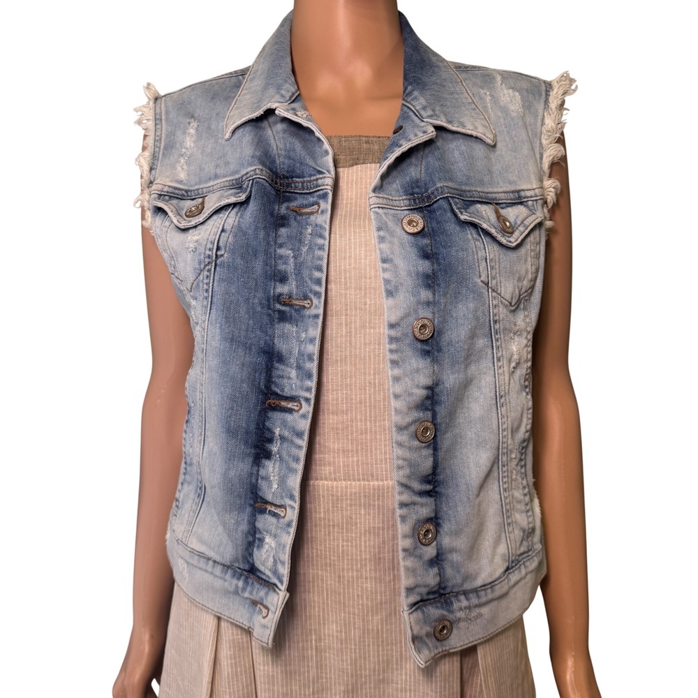 Mavi Jeans Co Jodi Distressed Denim Vest Light Wash Frayed‎ Sleeveless Jacket M